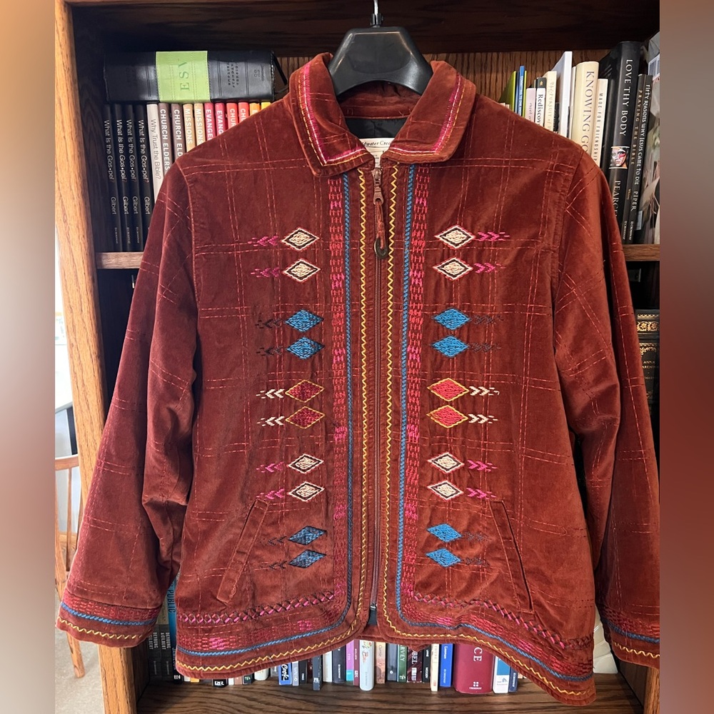 Coldwater Creek Rust Velour Velvet Embroidered Southwest Zip Boho Jacket Sz XL